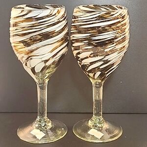Mexican Hand Blown Brown White Swirls Wine Glasses x 2 Goblets Barware Unique